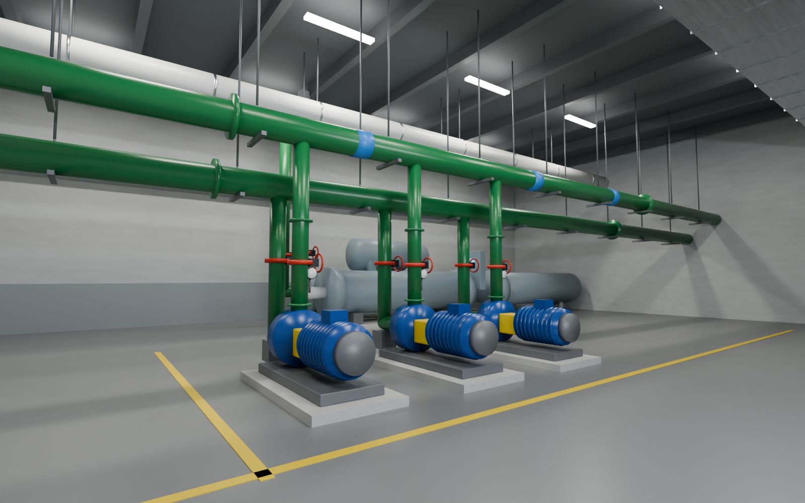 Pump room with base-mounted pumps, condenser water headers, and insulated chilled water mains