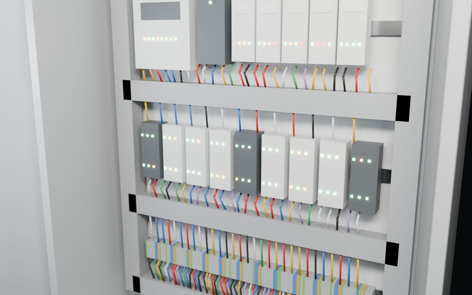 Building automation controller panel with DIN-rail modules, status lights, and field wiring