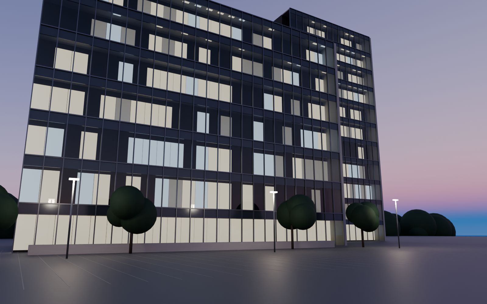 Office building at dusk with some floors lit and others dark after hours