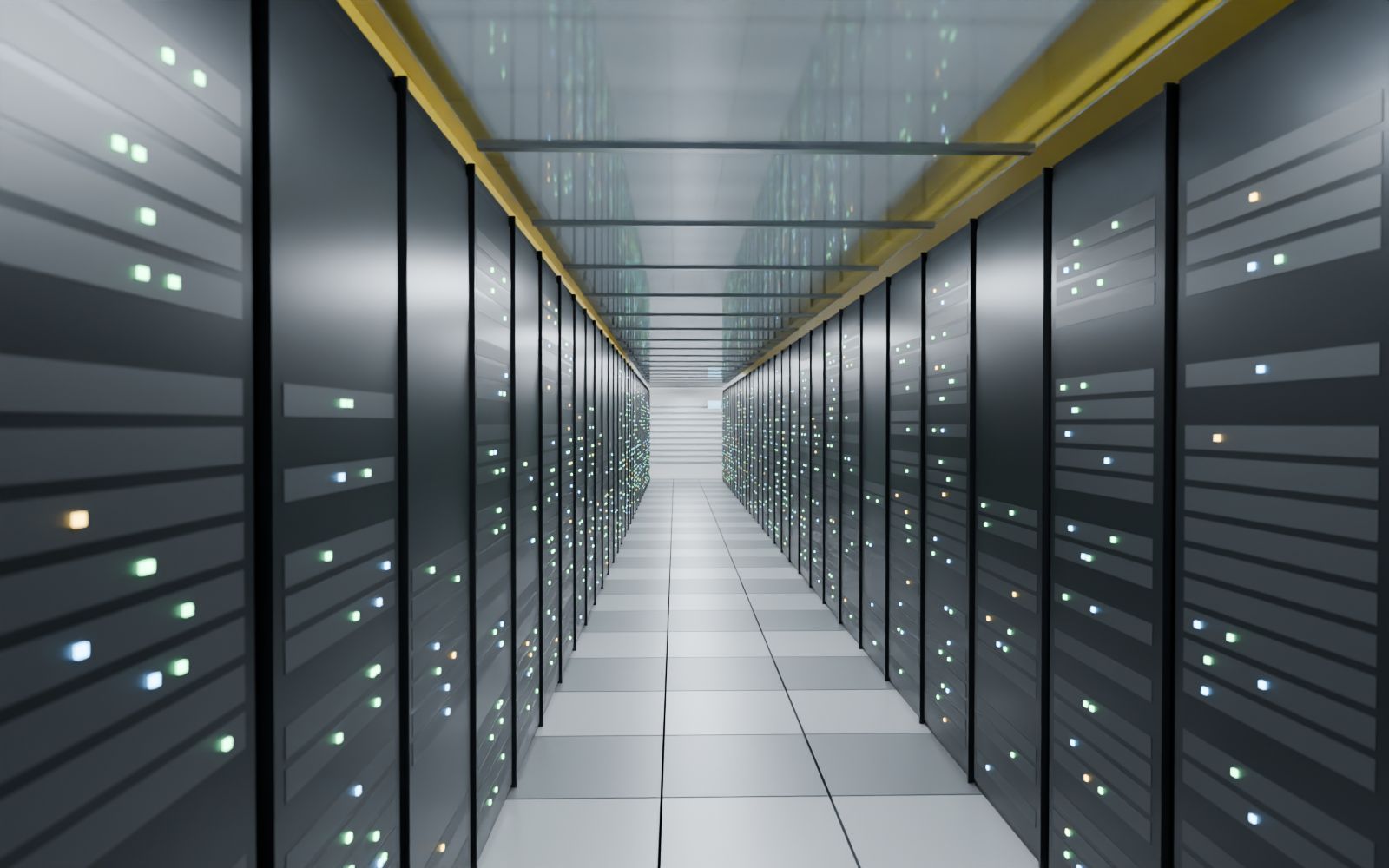 Data center cold aisle with server racks, perforated floor tiles, and overhead cable runway